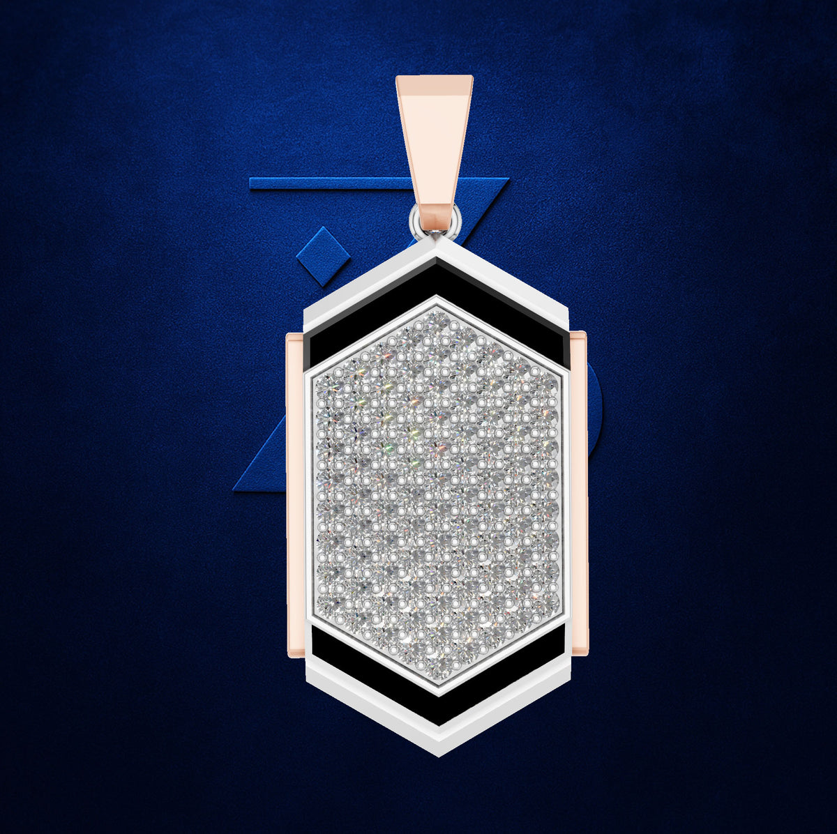 A geometric pendant necklace featuring a pavé diamond center, accented with black and white inlays and rose gold side panels and bail, set against a textured dark blue background.