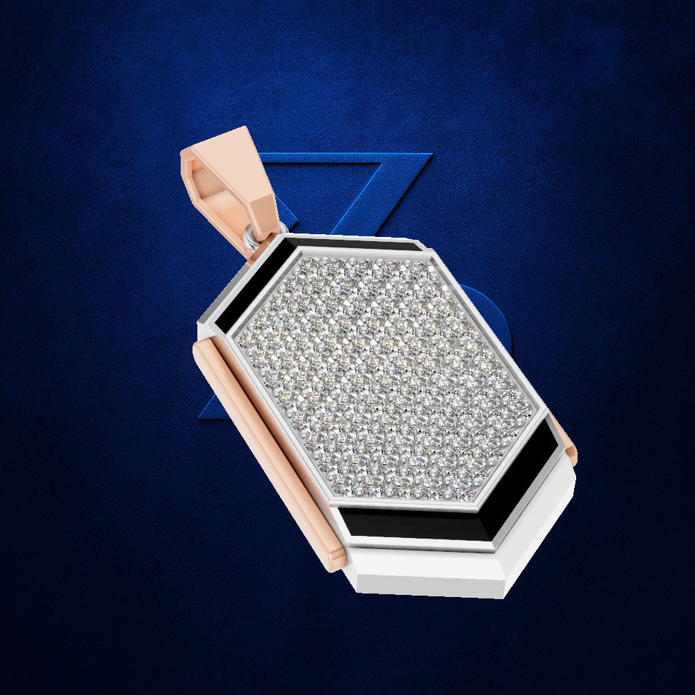 A geometric hexagonal pendant featuring a pavé diamond face, rose gold side accents, and a white lower section, set against a dark blue textured background.