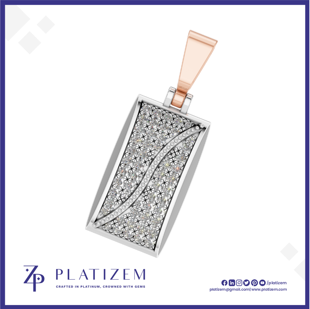 A rectangular pendant necklace with a silver-toned frame and a pavé-set clear stone center, accented by a wavy line and a rose-gold-toned bail. The brand name 'PLATIZEM' is visible at the bottom of the image.