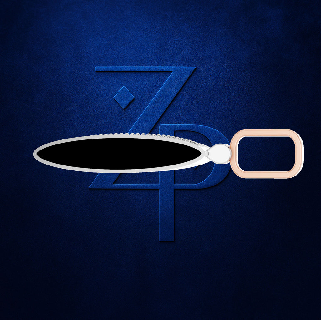 A close-up of a zipper pull with a black fill, white serrated teeth, and a rose gold-toned rectangular pull, set against a dark textured blue background with a stylized blue 'ZP' logo.