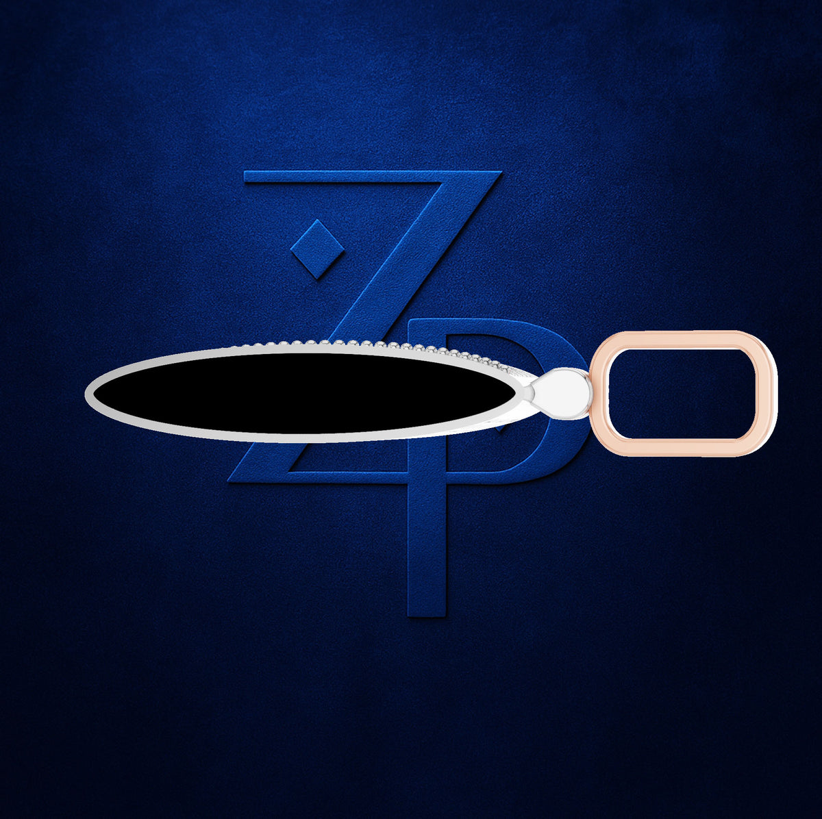 A close-up of a zipper pull with a black fill, white serrated teeth, and a rose gold-toned rectangular pull, set against a dark textured blue background with a stylized blue 'ZP' logo.