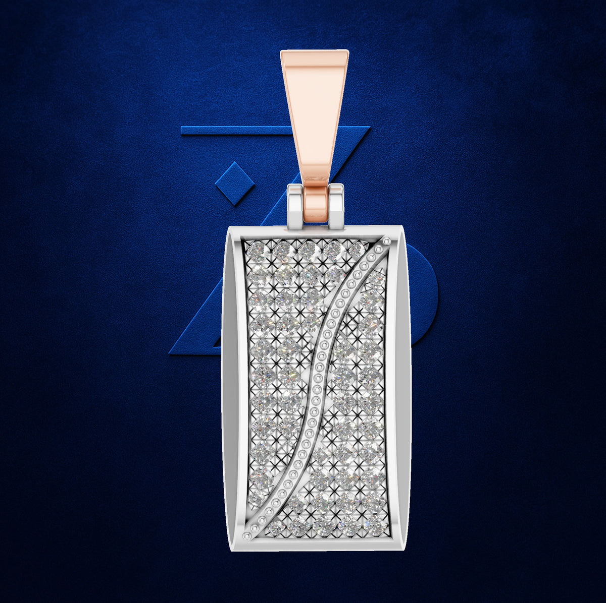 A rectangular pendant necklace featuring a silver-toned frame and a pavé diamond face with a curved rose gold inlay, set against a textured dark blue background.