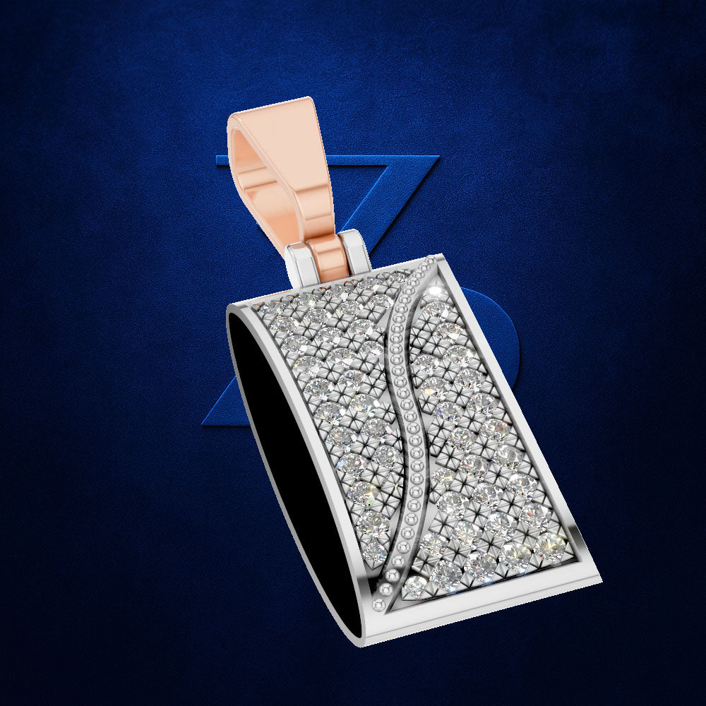 A wide rectangular pendant with a pavé diamond face and a rose gold bail, shown on a dark blue textured background with a subtle geometric emblem.