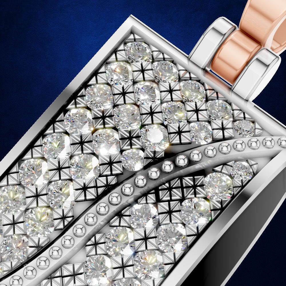 Close-up of a rectangular diamond-encrusted jewelry piece, likely a box or clutch, featuring clear gemstones in star and wave patterns with a silver-toned frame and rose gold clasp against a dark blue background.