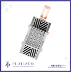 A rectangular platinum pendant with a central diamond-encrusted panel and chevron inlay details, accented by rose gold loops and side hardware, shown on a white background with the Platizem brand logo at the bottom.