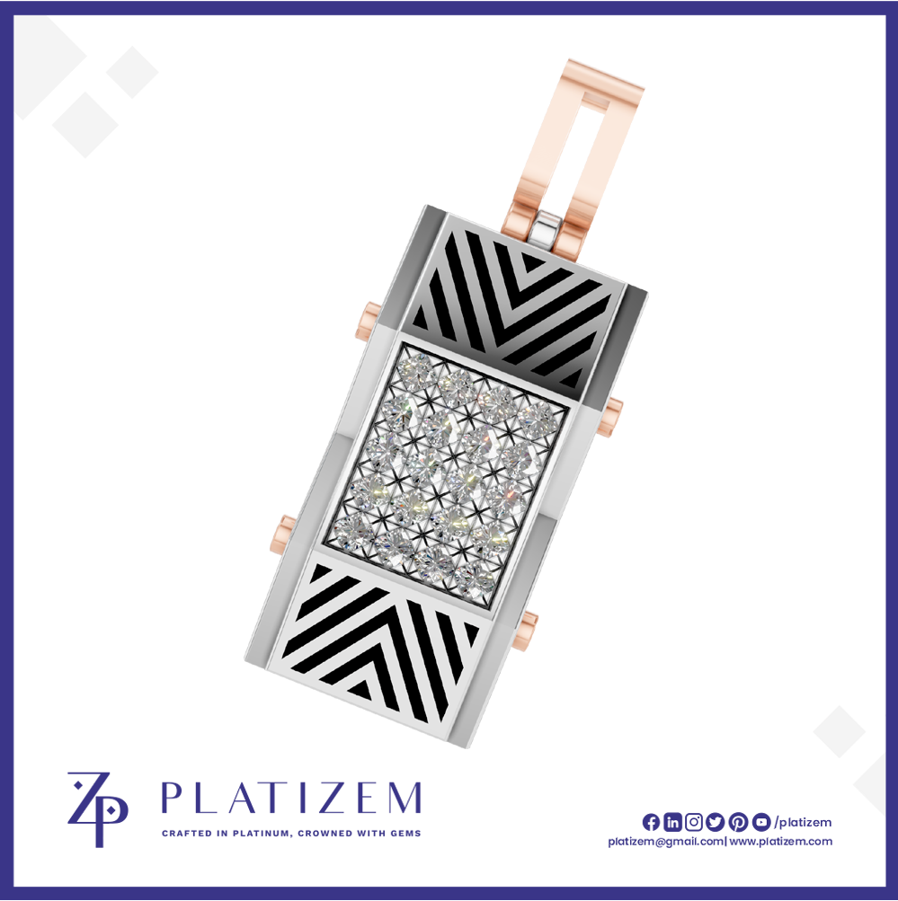 A rectangular platinum pendant with a central diamond-encrusted panel and chevron inlay details, accented by rose gold loops and side hardware, shown on a white background with the Platizem brand logo at the bottom.