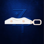 A white leather keychain or wallet with two rose gold screws and a matching rose gold loop, shown against a dark blue textured background with a stylized blue 'ZP' logo.