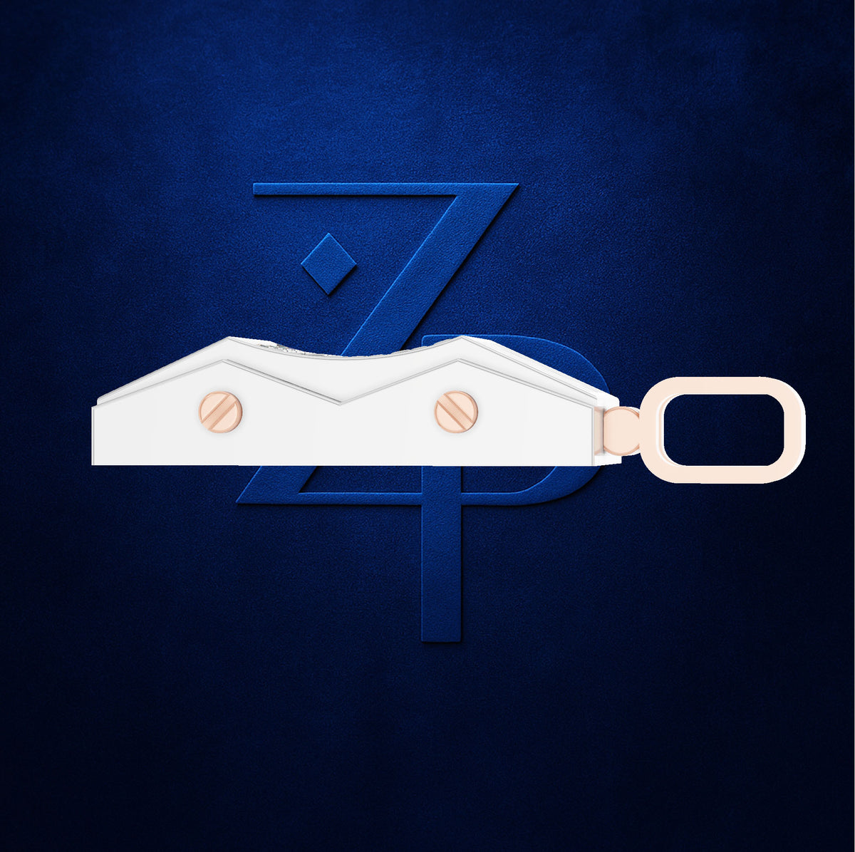 A white leather keychain or wallet with two rose gold screws and a matching rose gold loop, shown against a dark blue textured background with a stylized blue 'ZP' logo.