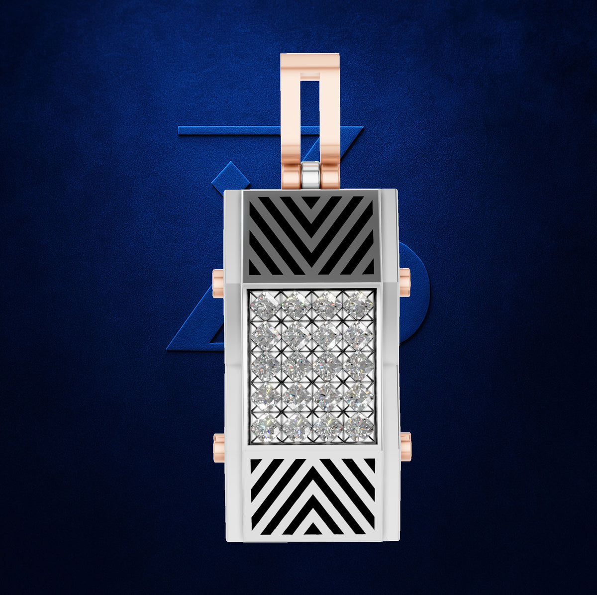 A rectangular pendant or watch-like jewelry piece with a silver-toned geometric face, black chevron and diamond-pattern panels, and rose-gold-toned side accents, centered on a dark blue textured background.