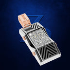 A rectangular men's watch with a white and black geometric patterned case, a rose gold hinged clasp, and a bezel-set diamond face, shown on a textured dark blue background.