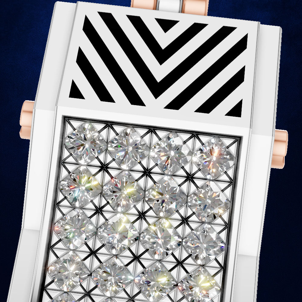A close-up of a luxury watch featuring a white case, a geometric black chevron pattern on the upper half, and a grid of clear round diamonds on the lower half. Rose gold side lugs are visible against a dark blue background.