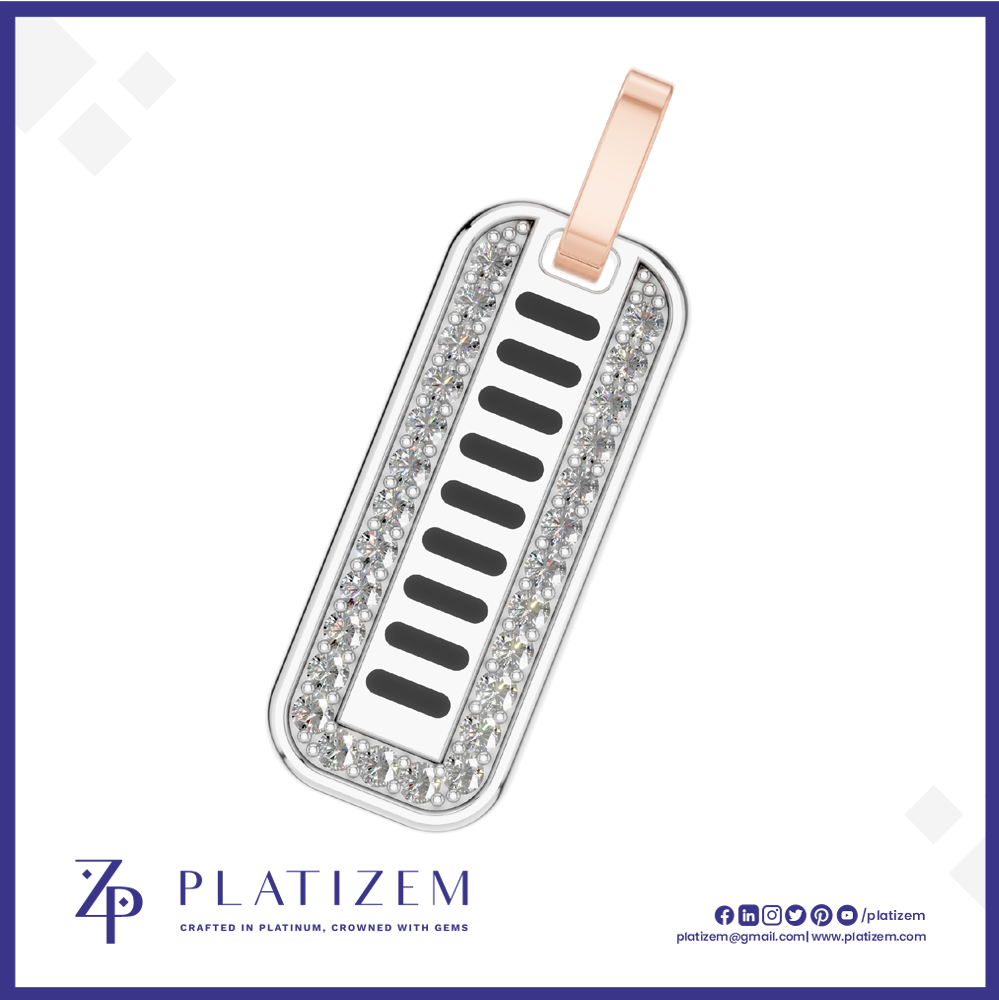 A rectangular dog tag pendant with a rose gold loop at the top, featuring a silver-toned border set with clear stones and black horizontal bars, shown on a white background with the Platinzem brand logo at the bottom.