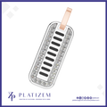 A rectangular dog tag pendant with a rose gold loop at the top, featuring a silver-toned border set with clear stones and black horizontal bars, shown on a white background with the Platinzem brand logo at the bottom.