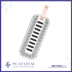 A rectangular dog tag pendant with a rose gold loop at the top, featuring a silver-toned border set with clear stones and black horizontal bars, shown on a white background with the Platinzem brand logo at the bottom.
