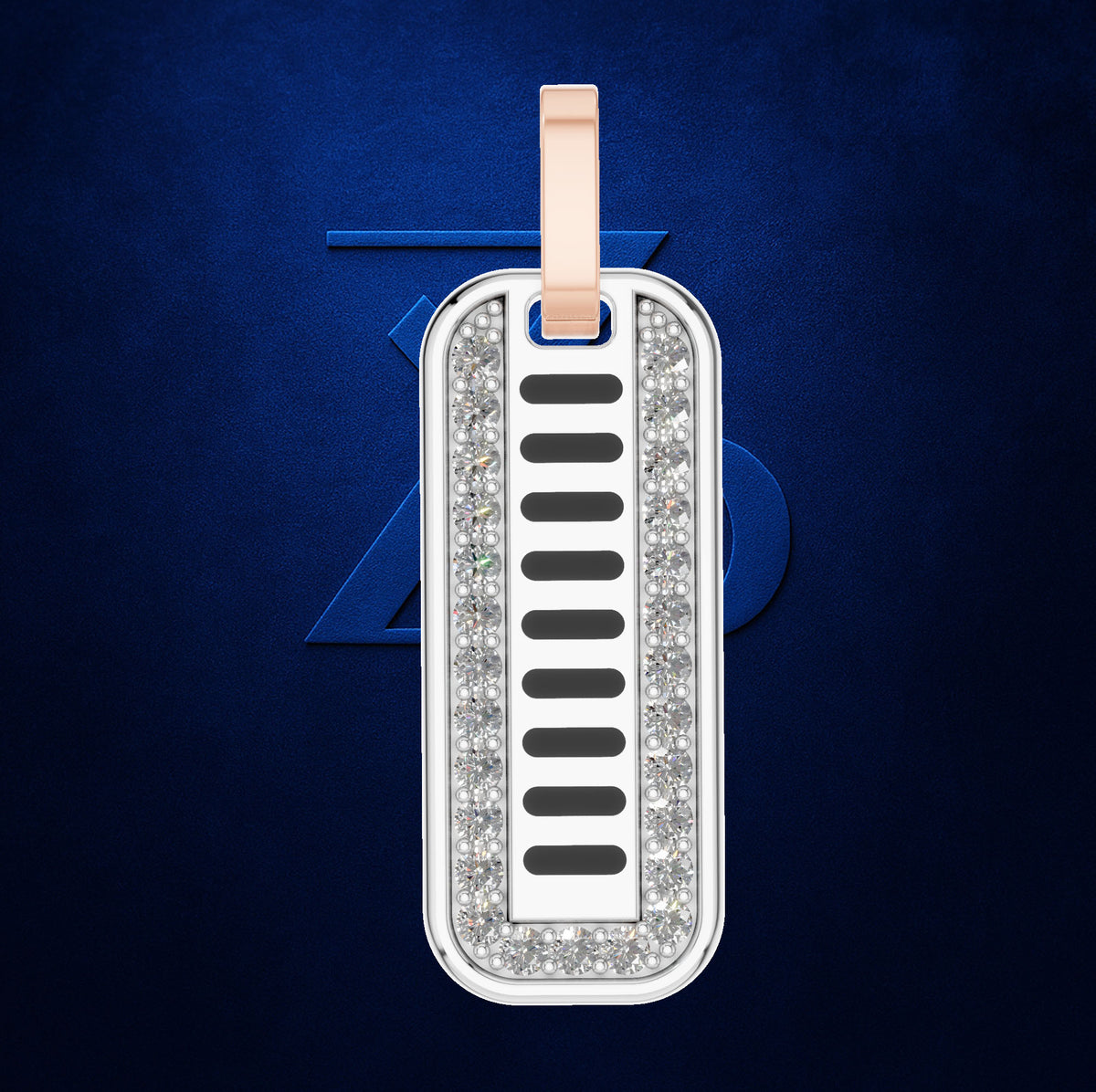 A rectangular dog tag pendant with a silver-toned border paved with clear stones, featuring a central white inlay with horizontal black bars and a rose gold loop at the top, set against a dark blue textured background.