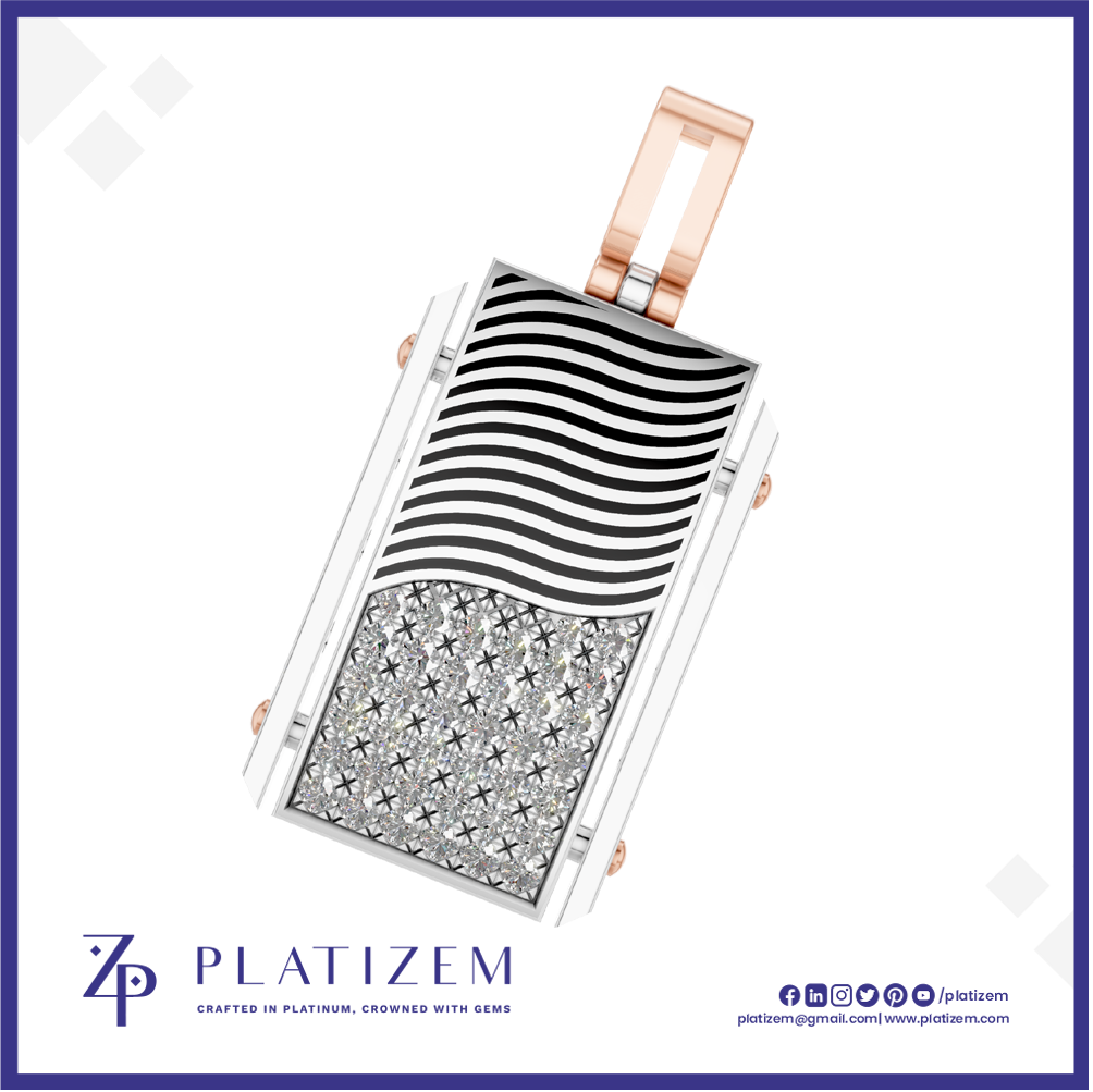 A rectangular platinum pendant with a wavy black and white enamel pattern and a pavé diamond-encrusted lower section, featuring rose gold-tone side accents and a top loop, shown on a white background with the Platizem brand logo.
