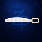 A white rectangular watch strap with rose gold-toned hardware and a matching loop clasp, shown against a dark blue textured background with a large embossed stylized 'ZP' logo.