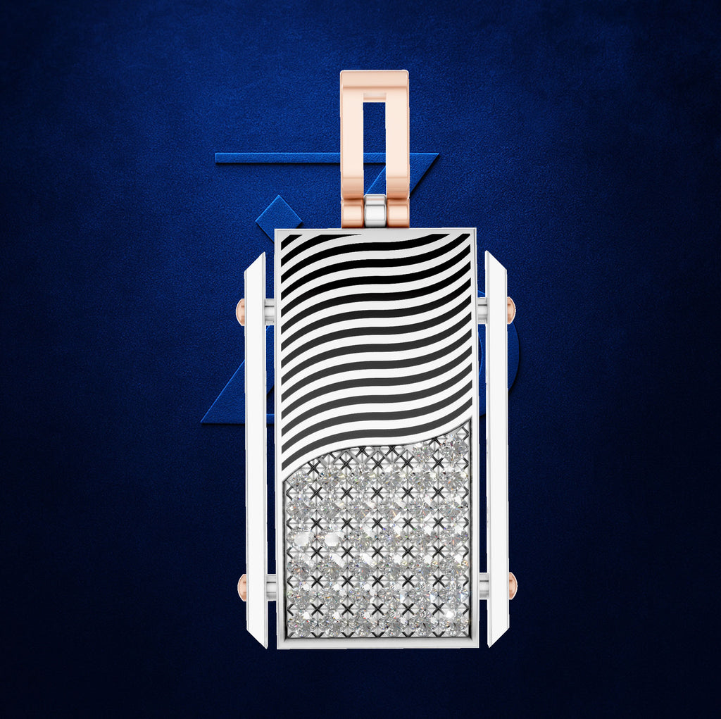 A rectangular pendant necklace featuring a split design: one half displays black wavy lines on a white background, while the other half is paved with clear stones. The pendant has a rose gold top loop and side accents, set against a textured dark blue background.