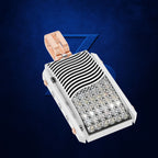 A rectangular white and black striped jewelry box with a hinged rose gold lid, shown open against a dark blue textured background.