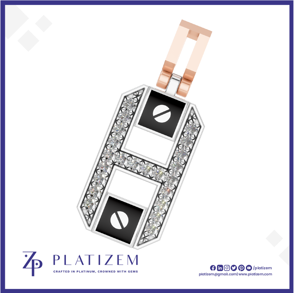 A luxury H-shaped pendant necklace from the brand PLATIZEM, crafted in white gold or platinum with clear pavé stones and rose gold bail, set against a white background with a blue border.
