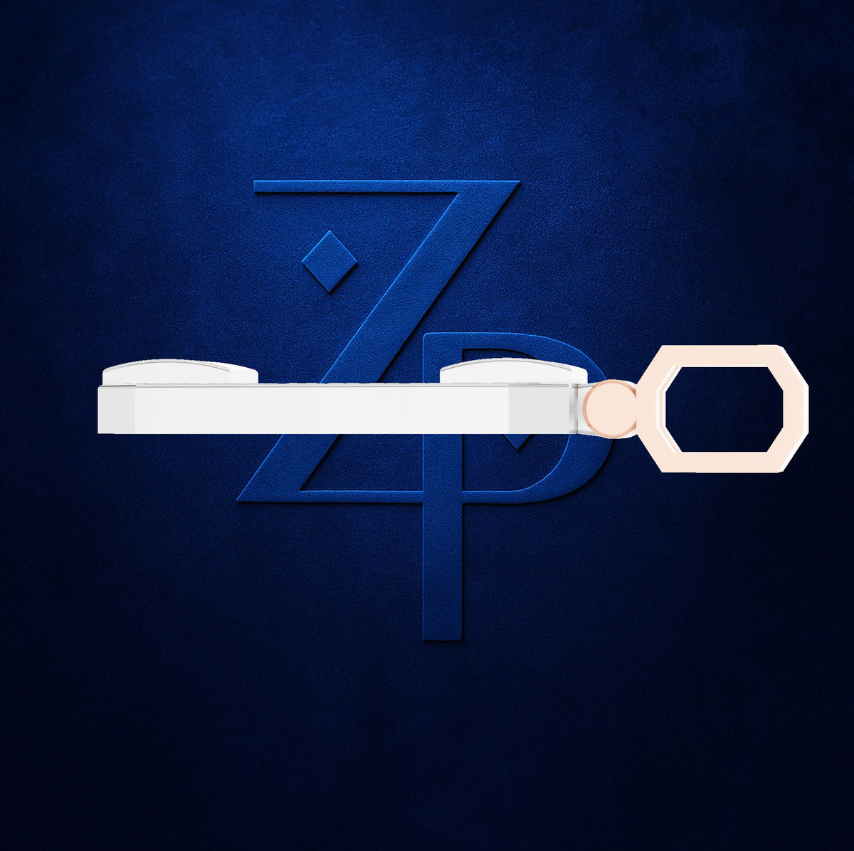A white belt with a light beige octagonal buckle, shown horizontally in front of a dark blue textured background with a stylized blue 'ZP' logo.