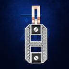 A luxury jewelry pendant featuring a rose gold U-shaped bail, a silver-toned frame encrusted with clear crystals, and two black square inlays with white circular details, set against a textured dark blue background.