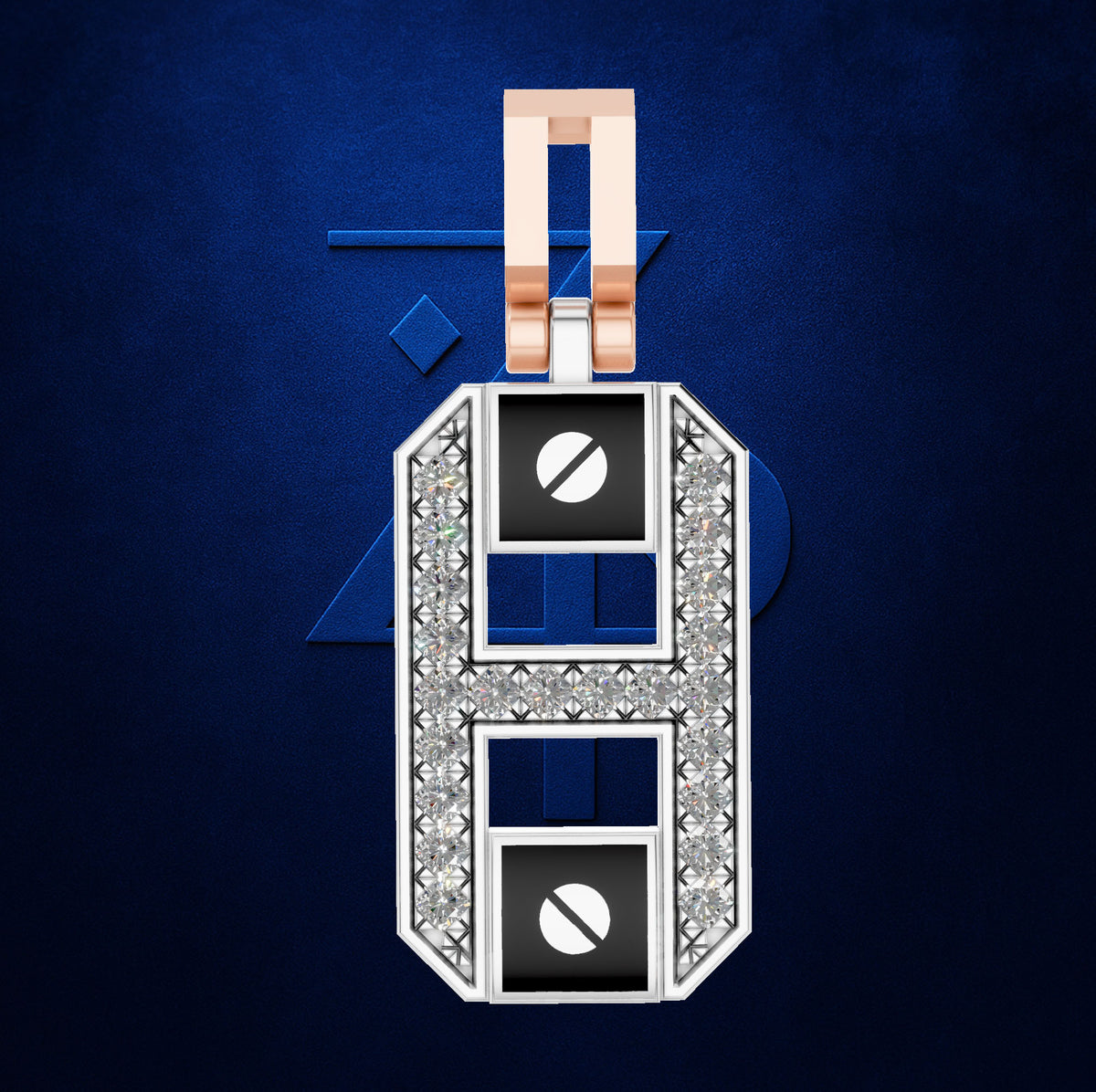 A luxury jewelry pendant featuring a rose gold U-shaped bail, a silver-toned frame encrusted with clear crystals, and two black square inlays with white circular details, set against a textured dark blue background.