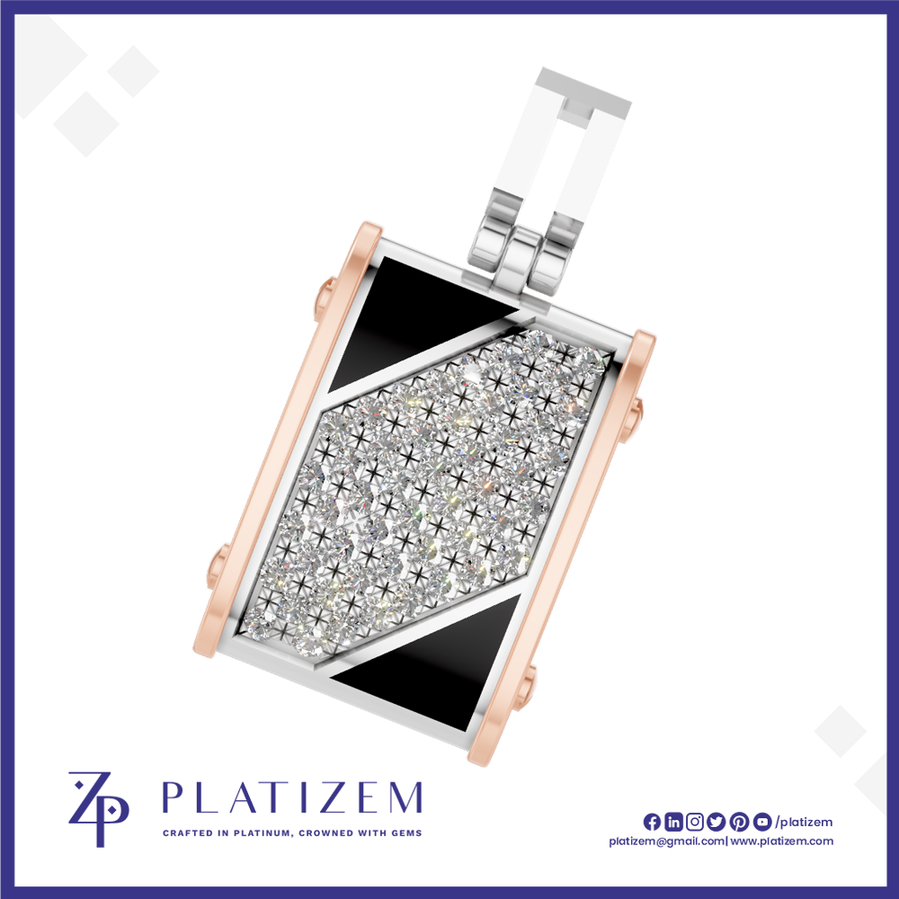 A rectangular pendant necklace by Platisem, featuring a diamond-encrusted center with black inlay and rose gold borders, shown on a white background with the brand logo at the bottom.