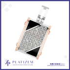 A rectangular pendant necklace by Platisem, featuring a diamond-encrusted center with black inlay and rose gold borders, shown on a white background with the brand logo at the bottom.