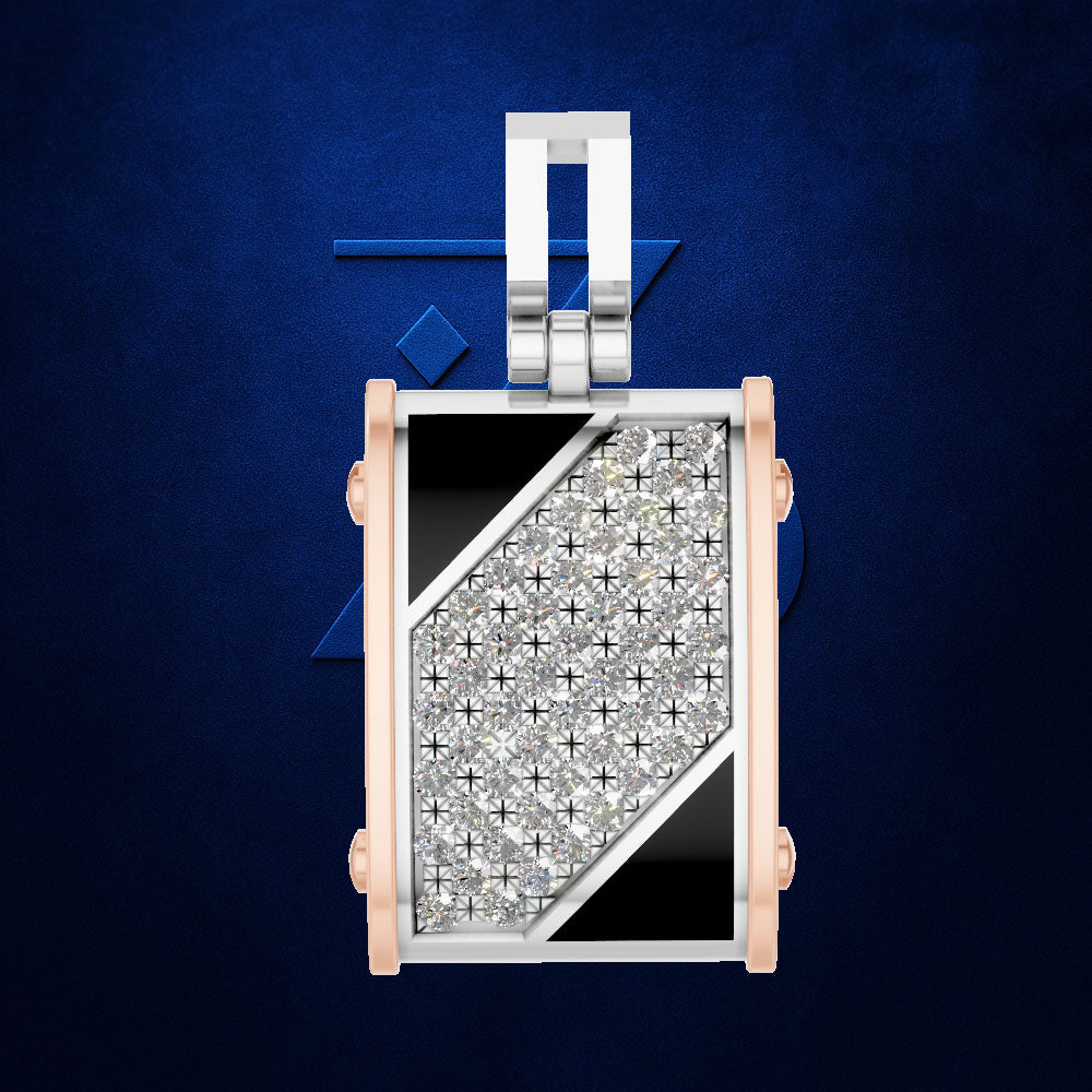 A rectangular pendant with a silver-toned frame and bail, featuring a split design of silver pavé diamonds on one side and black enamel on the other, accented by rose gold side posts, set against a textured dark blue background.