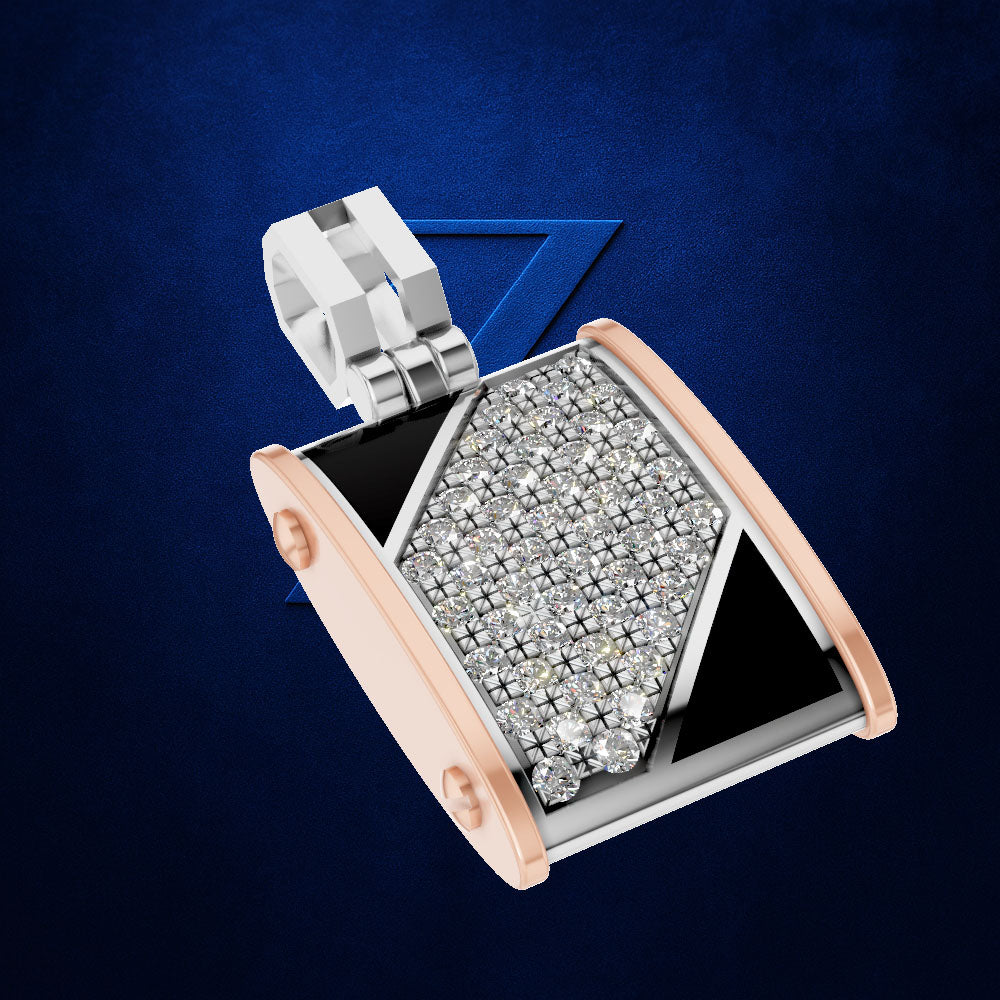 A luxury pendant featuring a pavé diamond center panel, black enamel geometric inlays, rose gold side bars, and a silver-toned bail, set against a dark blue textured background.