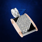 A luxury pendant featuring a pavé diamond center panel, black enamel geometric inlays, rose gold side bars, and a silver-toned bail, set against a dark blue textured background.