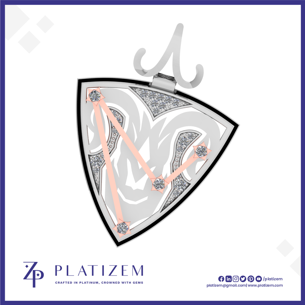 A shield-shaped pendant or brooch shown on a white background with branding at the bottom. The piece has a silver-toned outer frame and top clasp, a white center with gray abstract leaf-like lines, gray gemstone-set corner sections, and four rose-gold diagonal lines connecting the corners.