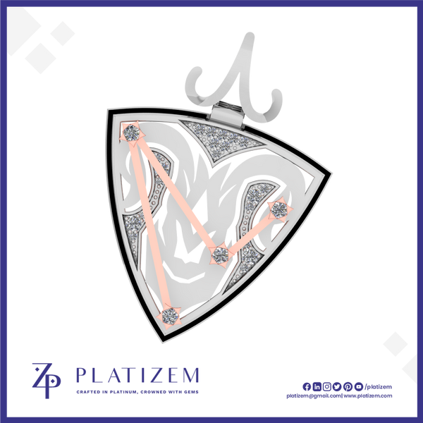 A shield-shaped pendant or brooch shown on a white background with branding at the bottom. The piece has a silver-toned outer frame and top clasp, a white center with gray abstract leaf-like lines, gray gemstone-set corner sections, and four rose-gold diagonal lines connecting the corners.