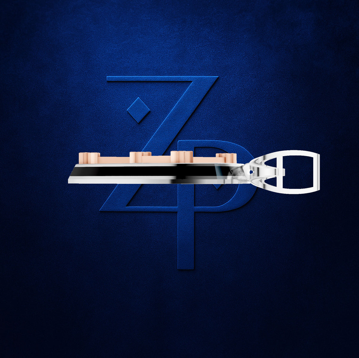 A close-up of a watch strap or bracelet with a silver buckle and rose gold-toned pins, positioned horizontally in front of a large blue stylized 'ZPD' logo on a textured dark blue background.