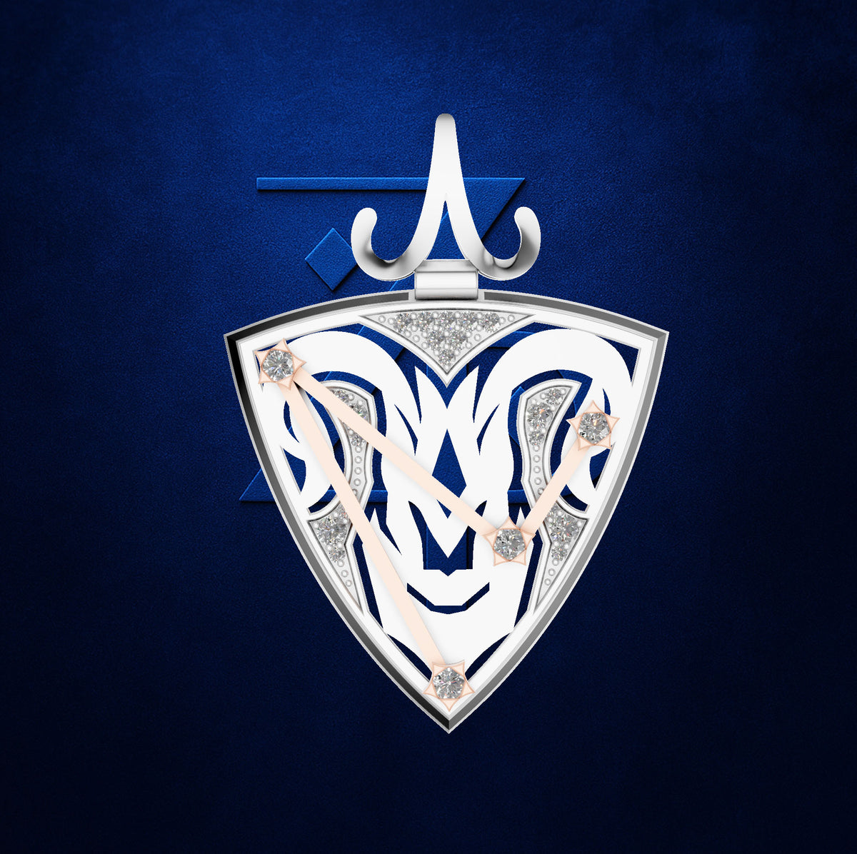 A shield-shaped pendant or wall clock featuring a stylized ram head logo in white and navy blue, with rose-gold hands and crystal hour markers, centered on a textured dark blue background.