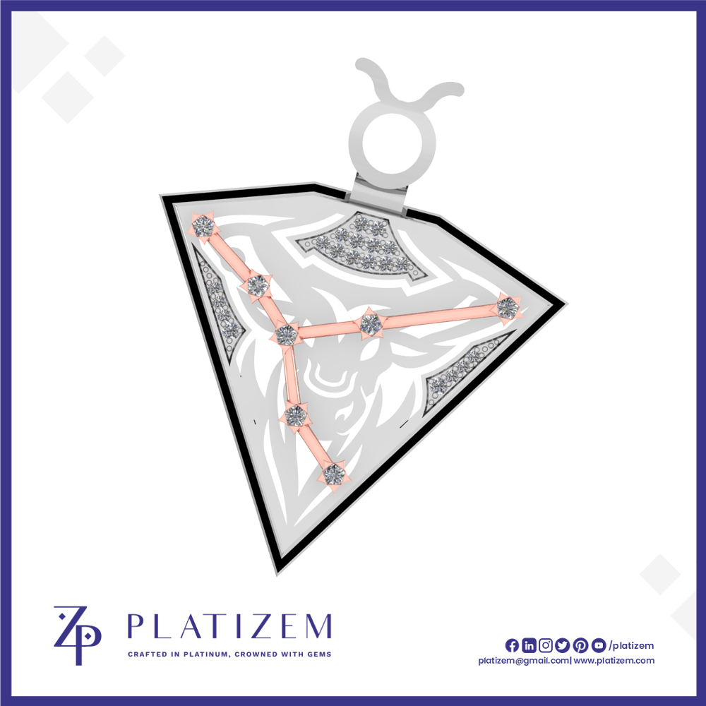 A triangular pendant necklace with a silver-toned bail and a silver-toned triangular frame, featuring a white and gray abstract wave pattern, silver diamond-like inlays, and a rose-gold-toned V-shaped line with gemstone accents. The brand name PLATIZEM is visible at the bottom.