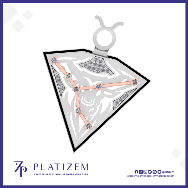 A triangular pendant necklace with a silver-toned bail and a silver-toned triangular frame, featuring a white and gray abstract wave pattern, silver diamond-like inlays, and a rose-gold-toned V-shaped line with gemstone accents. The brand name PLATIZEM is visible at the bottom.