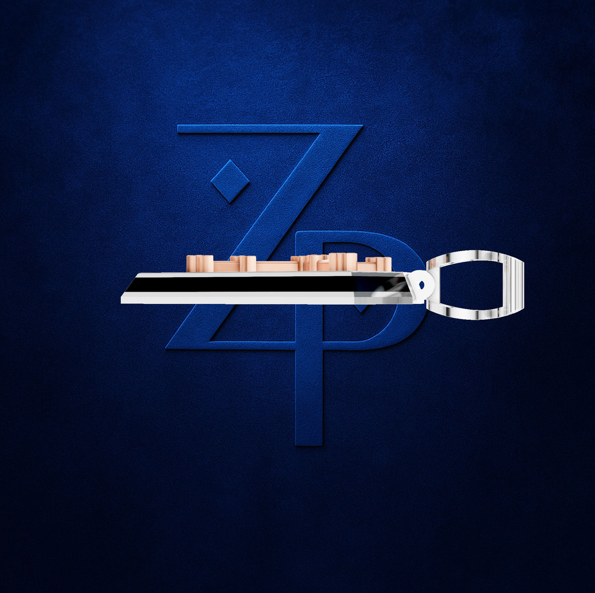 A silver metal belt clip with a polished rectangular buckle and a row of small rose gold-toned cylindrical studs, shown against a dark textured blue background with a large stylized blue 'ZPD' logo behind it.