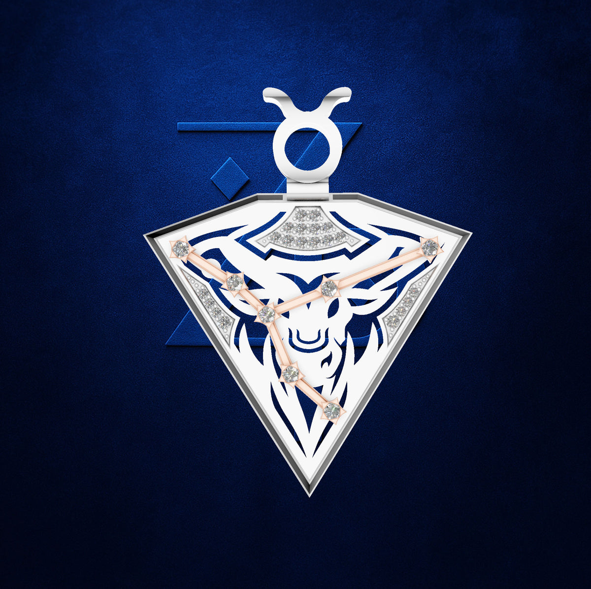 A triangular pendant necklace featuring a white and navy blue bull design with rose gold hands and small clear stones, set against a textured dark blue background.