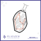 A stylized pendant illustration for Platizem, showing a silver-toned teardrop-shaped pendant with a black outline, pale pink constellational line art, and small gemstone accents, on a white background with the Platizem brand name and social icons at the bottom.
