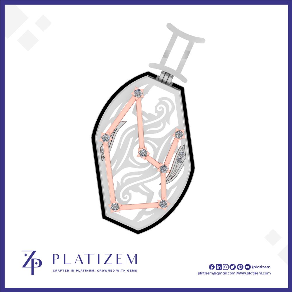 A stylized pendant illustration for Platizem, showing a silver-toned teardrop-shaped pendant with a black outline, pale pink constellational line art, and small gemstone accents, on a white background with the Platizem brand name and social icons at the bottom.