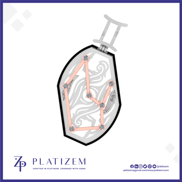 A stylized pendant illustration for Platizem, showing a silver-toned teardrop-shaped pendant with a black outline, pale pink constellational line art, and small gemstone accents, on a white background with the Platizem brand name and social icons at the bottom.
