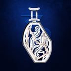 A silver-toned pendant necklace featuring a Gemini zodiac symbol design, embellished with rose gold-toned lines and clear gemstones on a dark blue textured background.