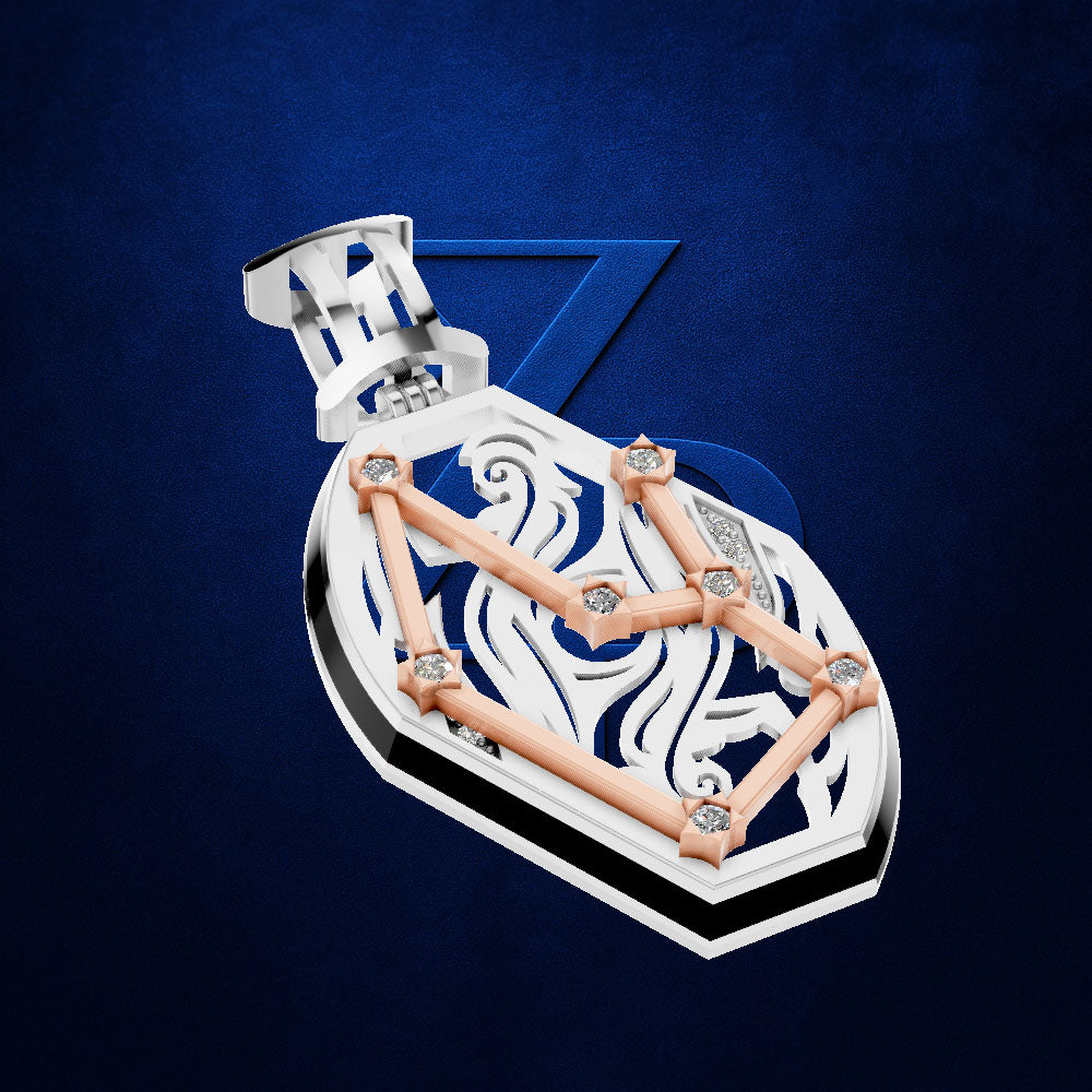 A luxury watch pendant featuring a white and rose gold geometric design with diamond accents, set against a dark blue textured background.