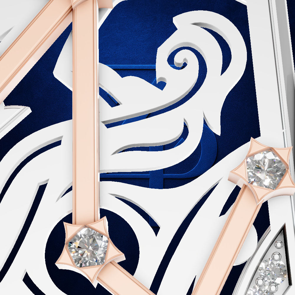 Close-up of a luxury watch dial featuring a bold navy blue and white Art Deco design with rose gold accents and clear crystal gemstones.