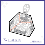 A hexagonal pendant or tag featuring a silver-toned geometric design filled with small clear stones, accented by three rose-gold bars with matching stone clusters, shown on a white background with the Platizem brand logo at the bottom.