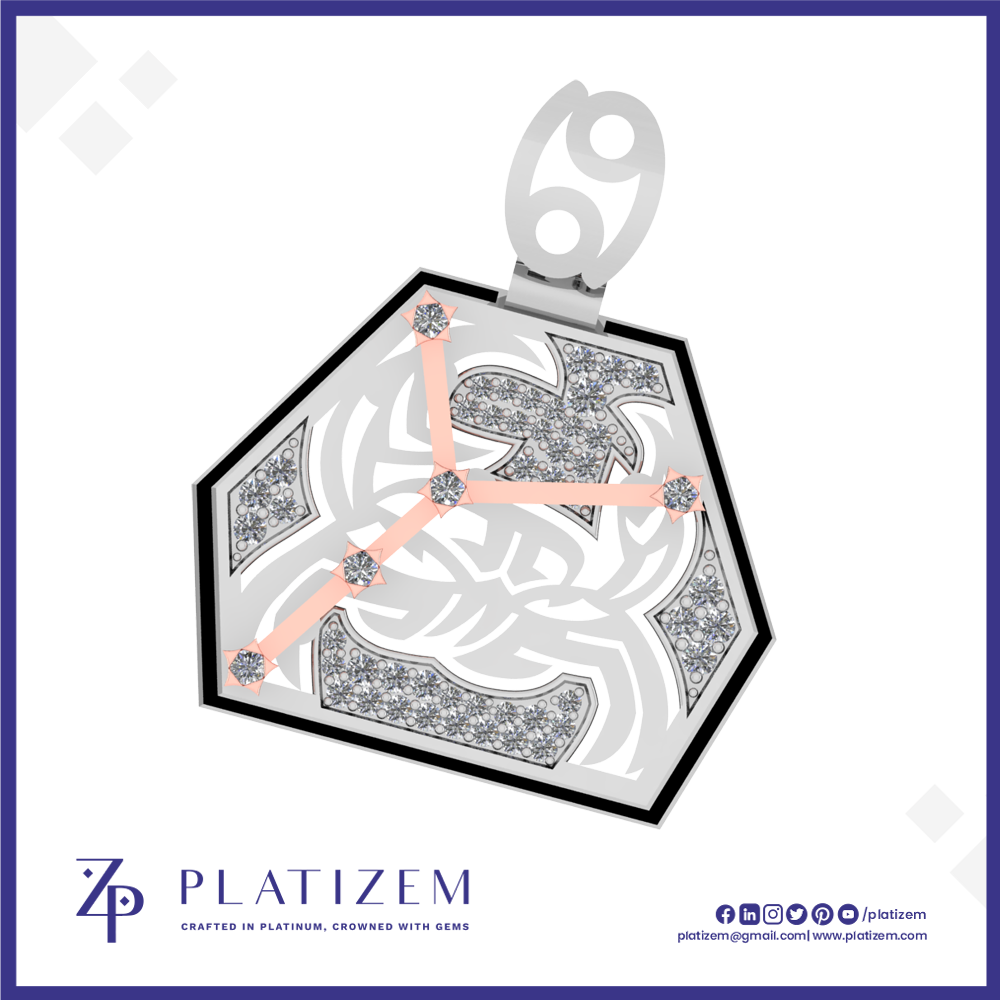 A hexagonal pendant or tag featuring a silver-toned geometric design filled with small clear stones, accented by three rose-gold bars with matching stone clusters, shown on a white background with the Platizem brand logo at the bottom.