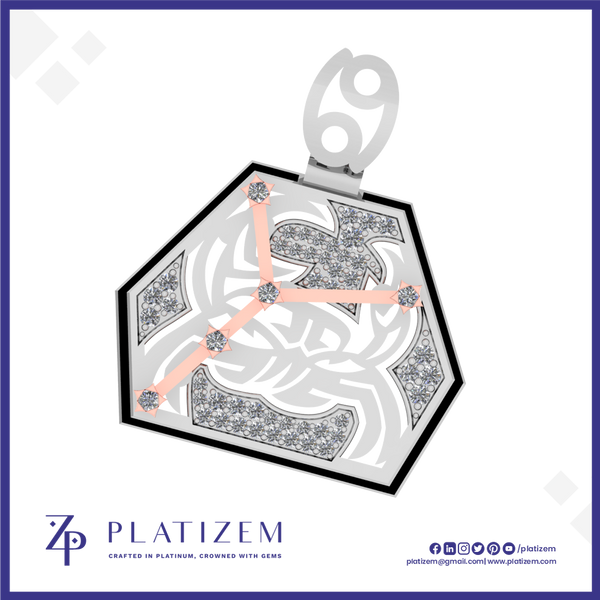 A hexagonal pendant or tag featuring a silver-toned geometric design filled with small clear stones, accented by three rose-gold bars with matching stone clusters, shown on a white background with the Platizem brand logo at the bottom.