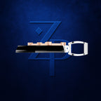 A modern belt buckle with a black central bar, rose gold-toned studs, and a silver-toned metal loop, presented against a textured dark blue background with a stylized blue 'ZPD' logo.